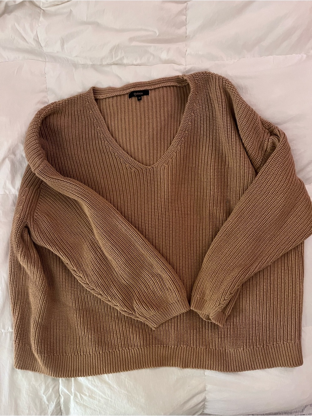 Quince V-Neck Ribbed Knit Sweater in Camel Brown